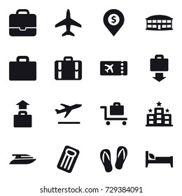 16 vector icon set : portfolio, plane, dollar pin, airport building, suitcase iocn, suitcase, ticket, baggage get, baggage, departure, baggage trolley, hotel, yacht, inflatable mattress, flip-flops