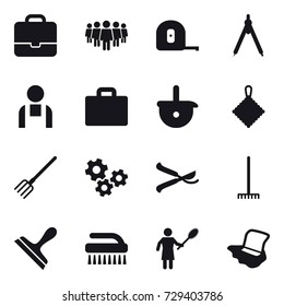 16 vector icon set : portfolio, team, measuring tape, drawing compass, suitcase iocn, rag, fork, gears, pruner, rake, scraper, brush, woman with pipidaster, floor washing