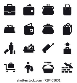16 vector icon set : portfolio, wallet, purse, shopping bag, passenger, baggage checking, suitcase, baggage, baggage trolley, trash, washing powder, construct garbage