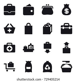 16 vector icon set : portfolio, wallet, purse, money bag, add to basket, shopping bag, baggage checking, baggage get, baggage, baggage trolley, flour, garbage bag, washing powder