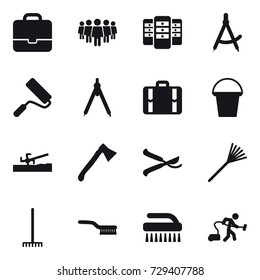 16 vector icon set : portfolio, team, server, draw compass, repair, drawing compass, suitcase, bucket, soil cutter, axe, pruner, rake, brush, vacuum cleaner