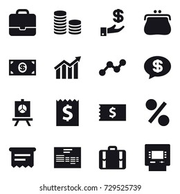 16 vector icon set : portfolio, coin stack, investment, purse, money, diagram, graph, money message, presentation, receipt, percent, atm receipt, suitcase, atm