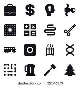 16 vector icon set : portfolio, dollar, bulb head, satellite, cpu, calculator, bus, ring button, radiator, kettle, meat hammer, spruce