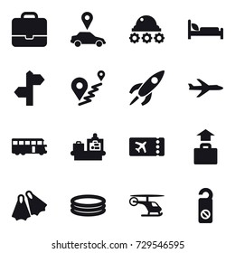 16 vector icon set : portfolio, car pointer, lunar rover, plane, bus, baggage checking, ticket, baggage, flippers, inflatable pool, do not distrub