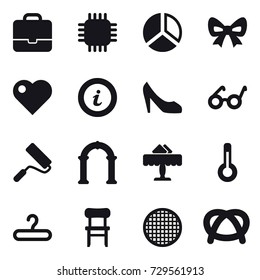 16 vector icon set : portfolio, chip, diagram, bow, heart, info, shoes, repair, arch, restaurant, thermometer, hanger, chair