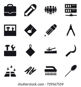 16 vector icon set : portfolio, pencil, team, server, tools, under construction, drawing compass, repair tools, rag, soil cutter, sickle, clean floor, clothespin, brush, duster