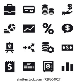 16 vector icon set : portfolio, card, coin stack, investment, diagram, statistic, percent, money message, presentation, core splitting, virtual mining, money, receipt, safe
