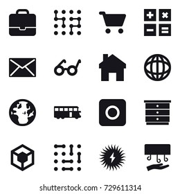16 vector icon set : portfolio, chip, cart, calculator, mail, home, bus, ring button, chest of drawers, hand dryer