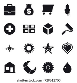 16 vector icon set : portfolio, money bag, delivery, spark plug, panel house, 3d, repair, plane, sun, starfish, heart pendant, home, flower, drop