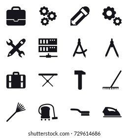 16 vector icon set : portfolio, gear, pencil, pencil wrench, server, draw compass, drawing compass, suitcase, iron board, rake, vacuum cleaner, brush, iron