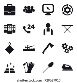 16 vector icon set : portfolio, group, monitor arrow, around gear, server, iron board, rag, soil cutter, axe, gears, clean floor, gloves, duster, iron