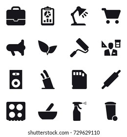 16 vector icon set : portfolio, report, table lamp, cart, megafon, repair, architector, speaker, stands for knives, rolling pin, mortar, sprayer, trash bin