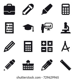 16 vector icon set : portfolio, pencil, marker, calculator, abacus, graduate hat, presentation, microscope, draw compass, university, ruler