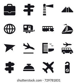 16 vector icon set : portfolio, singlepost, lighthouse, pyramid, globe, trailer, bus, sail boat, deltaplane, arrival, hotel, transfer, signpost, service bell, do not distrub