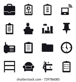 16 vector icon set : portfolio, report, clipboard, notebook wireless, city, watch, rack, armchair, skyscrapers cleaning, clipboard list