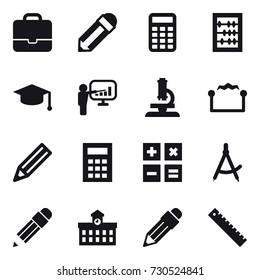 16 vector icon set : portfolio, pencil, calculator, abacus, graduate hat, presentation, microscope, electrostatic, draw compass, university, ruler