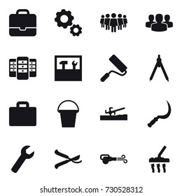 16 vector icon set : portfolio, gear, team, group, server, tools, repair, drawing compass, suitcase iocn, bucket, soil cutter, sickle, wrench, pruner, blower, vacuum cleaner