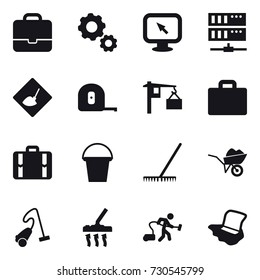 16 vector icon set : portfolio, gear, monitor arrow, server, under construction, measuring tape, suitcase iocn, suitcase, bucket, rake, wheelbarrow, vacuum cleaner, floor washing