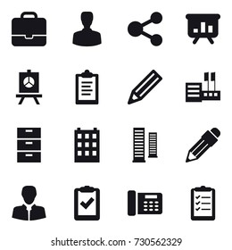 16 vector icon set : portfolio, man, share, presentation, clipboard, pencil, store, building, skyscrapers, clipboard list