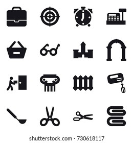 16 vector icon set : portfolio, target, alarm clock, cashbox, remove from basket, castle, arch, antique column, radiator, mixer, ladle, scissors, stack of towels