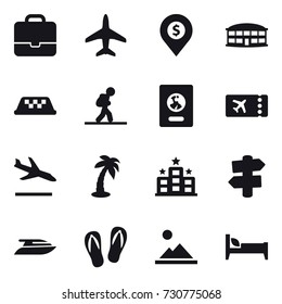 16 vector icon set : portfolio, plane, dollar pin, airport building, taxi, tourist, passport, ticket, arrival, palm, hotel, signpost, yacht, flip-flops, landscape, bed