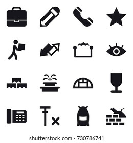 16 vector icon set : portfolio, pencil, phone, star, courier, up down arrow, electrostatic, block wall, fountain, greenhouse, flour, construct garbage
