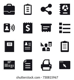 16 vector icon set : portfolio, clipboard, share, annual report, pass card, receipt, atm receipt, list, copybook, architector