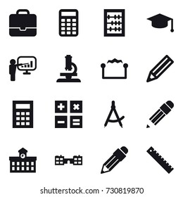 16 vector icon set : portfolio, calculator, abacus, graduate hat, presentation, microscope, electrostatic, pencil, draw compass, university, school, ruler