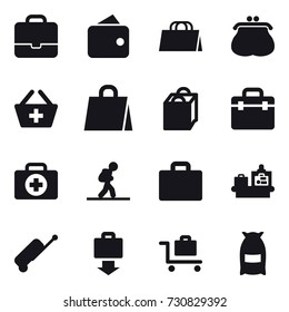 16 vector icon set : portfolio, wallet, shopping bag, purse, add to basket, tourist, suitcase iocn, baggage checking, suitcase, baggage get, baggage trolley, flour