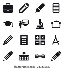 16 vector icon set : portfolio, pencil, marker, calculator, graduate hat, presentation, microscope, electrostatic, draw compass, university, school