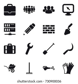 16 vector icon set : portfolio, team, group, monitor arrow, server, pencil, brick wall, construction, suitcase, shovel, sickle, wheelbarrow, rake, blower, gloves