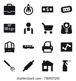 16 vector icon set : portfolio, rocket, money, ticket, cart, life vest, dresser, big fork, rolling pin, house, sprayer