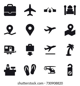 16 vector icon set : portfolio, plane, drawbridge, minaret, trailer, baggage get, departure, palm, reception, flip-flops, do not distrub