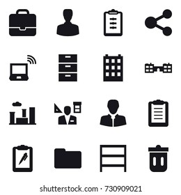 16 vector icon set : portfolio, man, clipboard, share, notebook wireless, building, school, city, architector, rack, trash bin