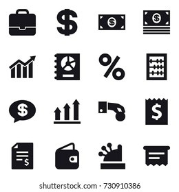 16 vector icon set : portfolio, dollar, money, diagram, annual report, percent, abacus, money message, graph up, hand coin, receipt, account balance, wallet, cashbox, atm receipt