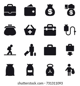 16 vector icon set : portfolio, wallet, money bag, money gift, purse, add to basket, tourist, passenger, suitcase iocn, baggage get, flour, fertilizer, trash