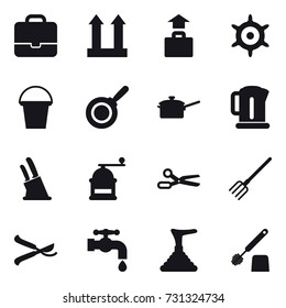16 vector icon set : portfolio, baggage, handwheel, bucket, pan, saute pan, kettle, knife holder, hand mill, scissors, fork, pruner, water tap, plunger, toilet brush