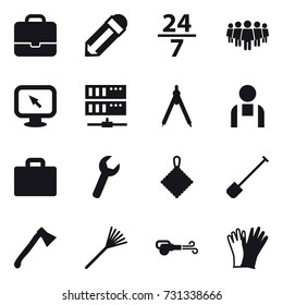 16 vector icon set : portfolio, pencil, 24/7, team, monitor arrow, server, drawing compass, suitcase iocn, rag, shovel, axe, rake, blower, gloves
