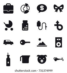 16 vector icon set : portfolio, circle diagram, money message, bow, baby stroller, key, landscape, speaker, measuring cup, pig, blower