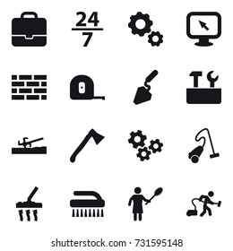 16 vector icon set : portfolio, 24/7, gear, monitor arrow, brick wall, measuring tape, construction, repair tools, soil cutter, axe, gears, vacuum cleaner, brush, woman with pipidaster