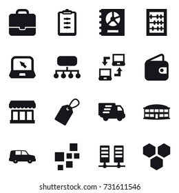 16 vector icon set : portfolio, clipboard, annual report, abacus, notebook, structure, notebook connect, wallet, market, label, delivery, airport building, honeycombs