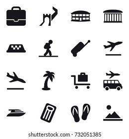 16 vector icon set : portfolio, greate wall, airport building, taxi, tourist, suitcase, departure, arrival, palm, baggage trolley, transfer, yacht, inflatable mattress, flip-flops, landscape