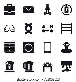 16 vector icon set : portfolio, mail, hoverboard, battery charge, smart glasses, chest of drawers, ring button, kettle, barn, hand dryer