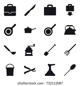 16 vector icon set : portfolio, suitcase iocn, baggage get, pan, saute pan, kettle, ladle, hand mill, shovel, fork, bucket, pruner, plunger, duster
