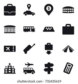16 vector icon set : portfolio, car pointer, dollar pin, airport building, bus, taxi, suitcase iocn, ticket, suitcase, baggage get, tent, hotel, transfer, signpost, inflatable mattress