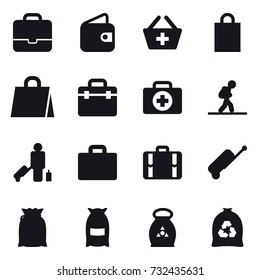 16 vector icon set : portfolio, wallet, add to basket, shopping bag, tourist, passenger, suitcase iocn, suitcase, flour, fertilizer, garbage bag