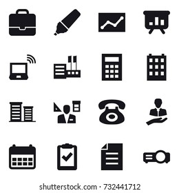 16 vector icon set : portfolio, marker, statistic, presentation, notebook wireless, store, calculator, building, district, architector
