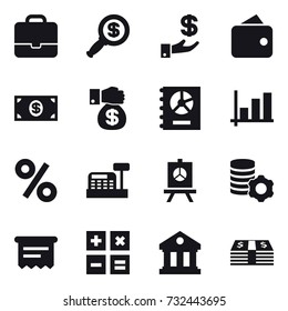 16 vector icon set : portfolio, dollar magnifier, investment, wallet, money, money gift, annual report, graph, percent, cashbox, presentation, virtual mining, atm receipt, calculator, library