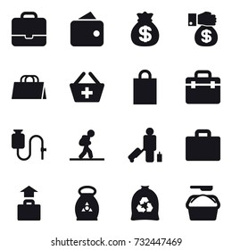 16 vector icon set : portfolio, wallet, money bag, money gift, shopping bag, add to basket, tourist, passenger, suitcase, fertilizer, garbage, washing powder