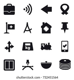 16 vector icon set : portfolio, wireless, left arrow, draw compass, smart house, train, mobile checking, power switch, cauldron